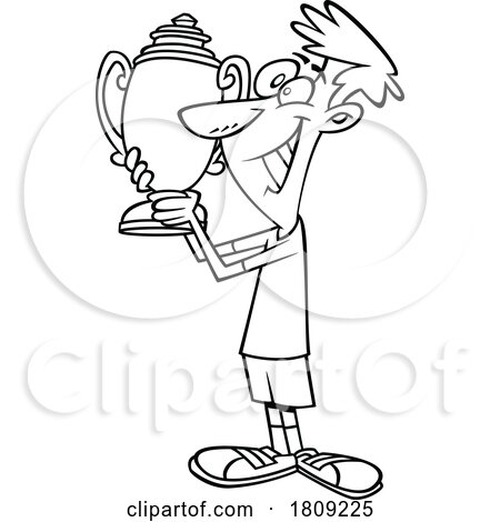 Clipart Black and White Cartoon of a Tennis Champion Holding a Trophy by toonaday