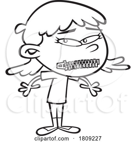 Clipart Black and White Cartoon of a Girl with a Zipped Mouth by toonaday