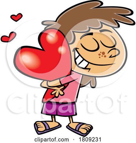 Clipart Cartoon of a Girl Hugging a Valentine Heart by toonaday