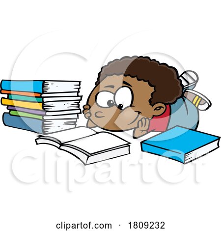 Clipart Cartoon of a Boy Resting on the Ground and Reading a Book by toonaday