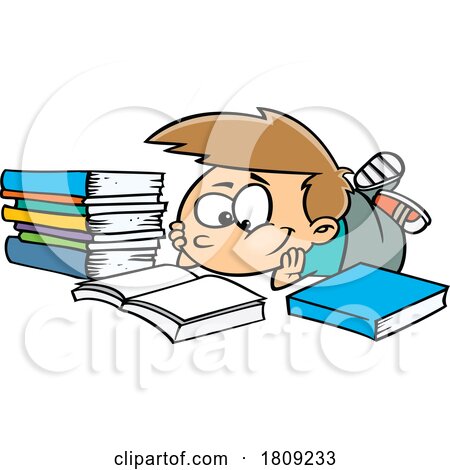 Clipart Cartoon of a Boy Resting on the Floor and Reading a Book by toonaday