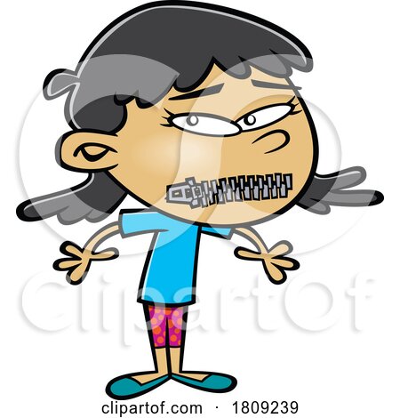 Clipart Cartoon of a Girl with a Zipped Mouth by toonaday