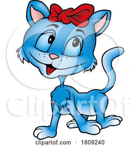 Cartoon Happy Blue Cat Wearing a Red Bow by dero