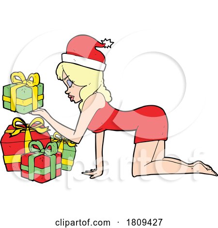 Cartoon Sexy Blond Woman with Christmas Gifts by lineartestpilot