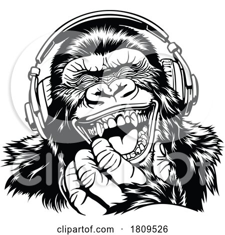 Black and White Laughing Gorilla Wearing Headphones by dero