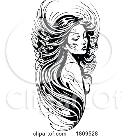 Black and White Woman with Long Hair and Feathers by dero