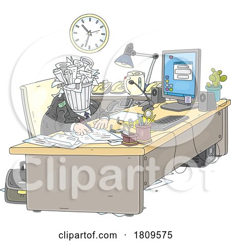 Cartoon Vile Business Man or Politician with a Garbage Head Writing Nasty Letters at His Desk by Alex Bannykh