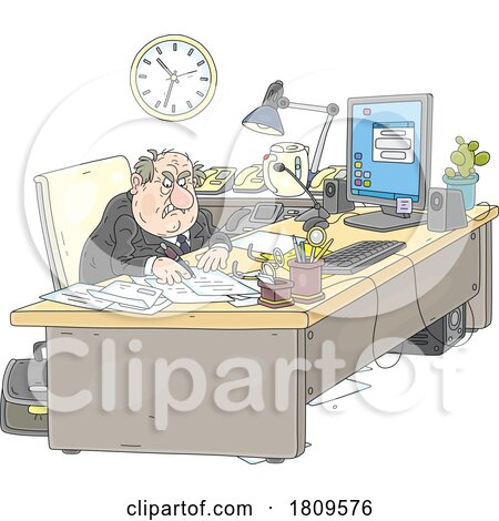 Cartoon Vile Business Man or Politician Writing Nasty Letters at His Desk by Alex Bannykh