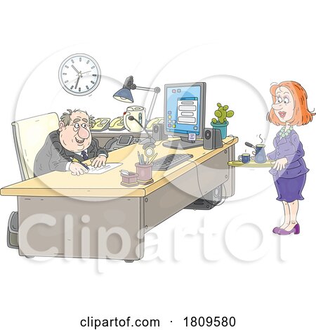 Cartoon Nice Secretary Serving a Business Man or Politician at His Desk by Alex Bannykh