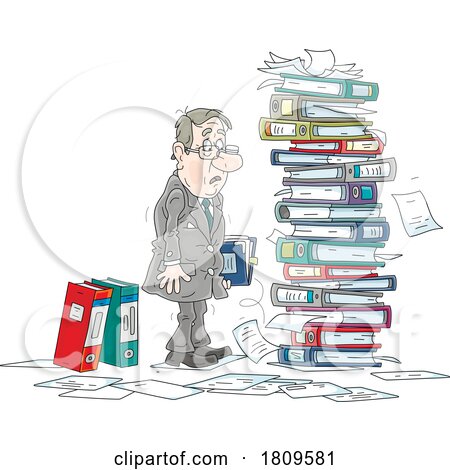 Cartoon Scared Businessman with Stacks of Books to Deal with by Alex Bannykh