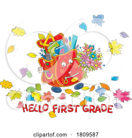 Cartoon Backpack Mascot with Hello First Grade Text by Alex Bannykh