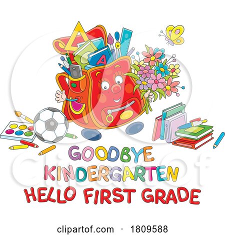 Cartoon Backpack Mascot with Goodbye Kindergarten Hello First Grade Text by Alex Bannykh