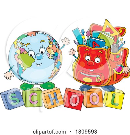Cartoon Globe and Backpack Mascots with Letter Blocks Spelling School by Alex Bannykh
