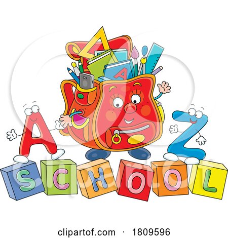 Cartoon Backpack Mascot with Letter Blocks Spelling School by Alex Bannykh