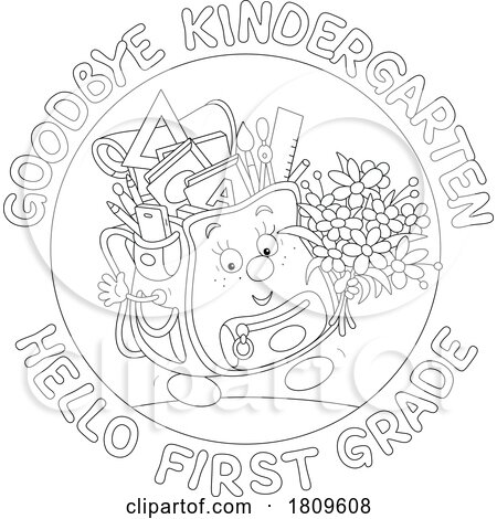 Cartoon Backpack Mascot with Goodbye Kindergarten Hello First Grade Text by Alex Bannykh