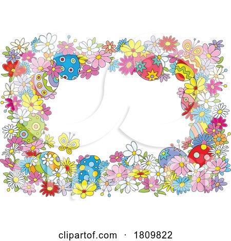 Cartoon Spring Time Floral Easter Frame with Eggs Flowers and Butterflies by Alex Bannykh