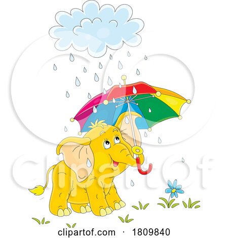 Licensed Clipart Cartoon Elephant Holding an Umbrella in the Rain by Alex Bannykh