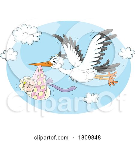 Licensed Clipart Cartoon Stork Flying with a Baby by Alex Bannykh
