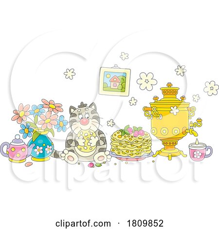 Licensed Clipart Cartoon Fat Cat Eating Pancakes by Alex Bannykh
