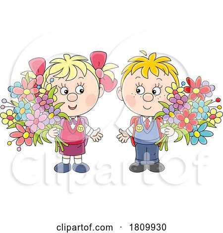 Licensed Clipart Cartoon School Kids with Flowers by Alex Bannykh