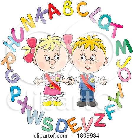 Licensed Clipart Cartoon School Kids in a Circle of Alphabet Letters by Alex Bannykh