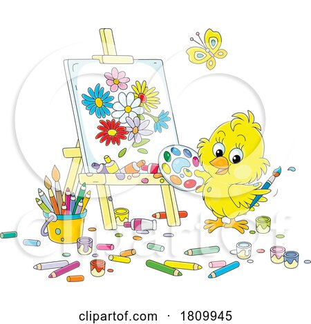 Licensed Clipart Cartoon Chick Painting Spring Flowers by Alex Bannykh