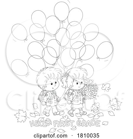 Cartoon First Grader School Kids with Balloons and Text by Alex Bannykh