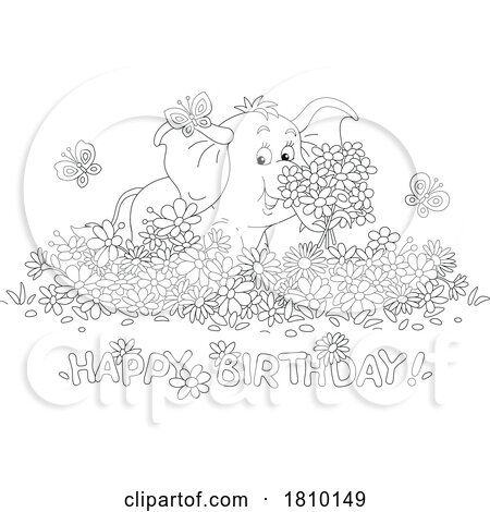 Licensed Clipart Cartoon Cute Elephant with Flowers over Happy Birthday by Alex Bannykh