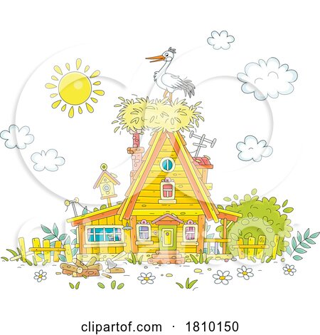 Licensed Clipart Cartoon Stork Nesting on a House by Alex Bannykh