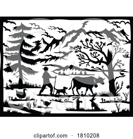 Swiss Alps with Farmer Dog and Cow Fir Tree Swiss Scherenschnitt Paper Cut Style by patrimonio