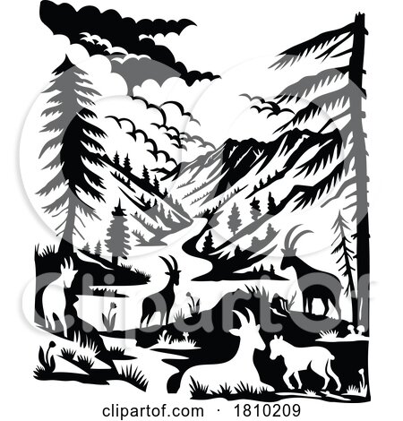 Ibex in Swiss National Park Switzerland Swiss Scherenschnitt Paper Cut Style by patrimonio