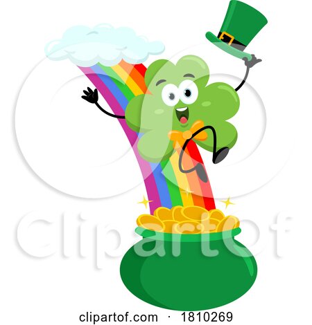 Shamrock Mascot Sliding down a Rainbow to a Pot of Gold Licensed Clipart Cartoon by Hit Toon