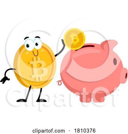 Bitcoin Mascot Making a Piggy Bank Deposit Licensed Clipart Cartoon by Hit Toon