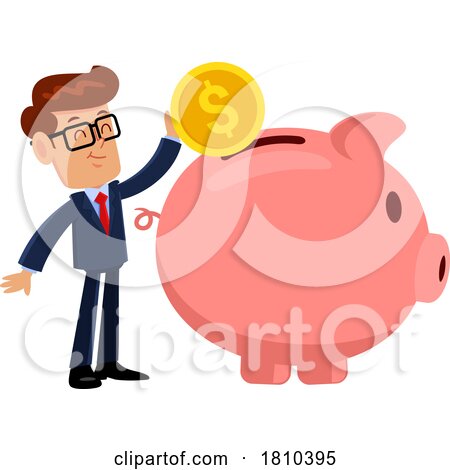 Businessman Making a Piggy Bank Deposit Licensed Clipart Cartoon by Hit Toon