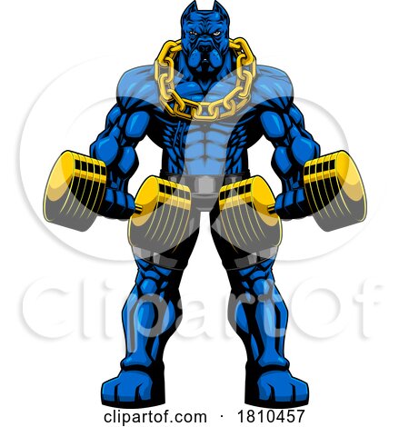 Ripped Blue Pit Bull Dog Mascot Bodybuilder Holding Dumbbells Licensed Clipart Cartoon by Hit Toon