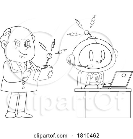Shady Businessman Programming a Robot Black and White Clipart Cartoon by Hit Toon