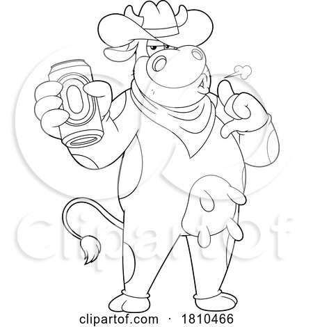 Cow Mascot with a Drink Black and White Clipart Cartoon by Hit Toon
