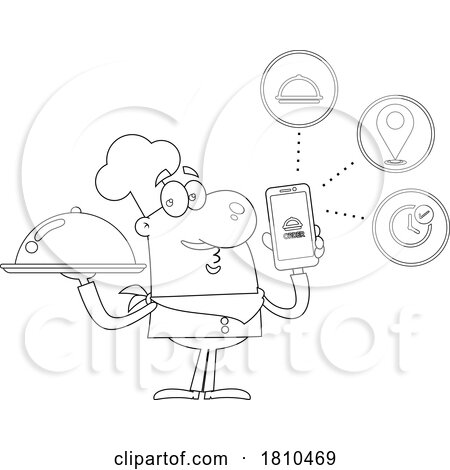 Chef with a Cloche and Phone App Black and White Clipart Cartoon by Hit Toon