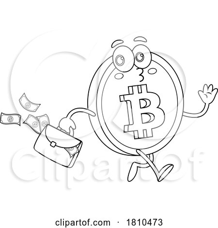 Bitcoin Mascot Dropping Cash Black and White Clipart Cartoon by Hit Toon