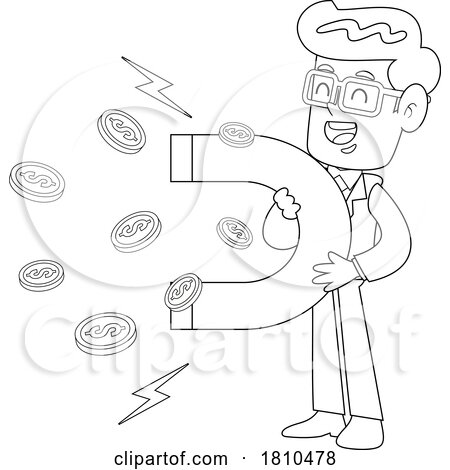 Businessman Using a Magnet to Attract Money Black and White Clipart Cartoon by Hit Toon