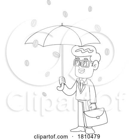 Coins Raining down on a Businessman Black and White Clipart Cartoon by Hit Toon