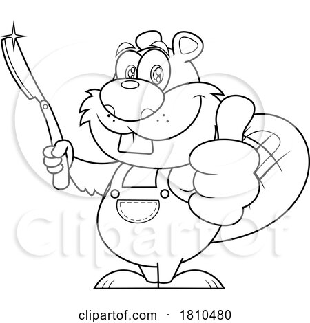Beaver Holding a Straight Razor and Thumb up Black and White Clipart Cartoon by Hit Toon
