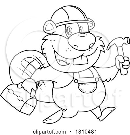 Worker Beaver with a Tool Box and Hammer Black and White Clipart Cartoon by Hit Toon