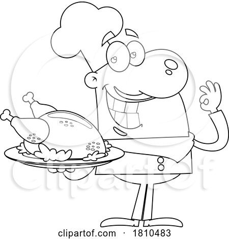 Chef with a Roasted Chicken Black and White Clipart Cartoon by Hit Toon