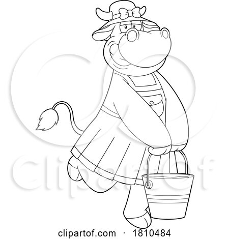 Cow Mascot with a Bucket of Milk Black and White Clipart Cartoon by Hit Toon
