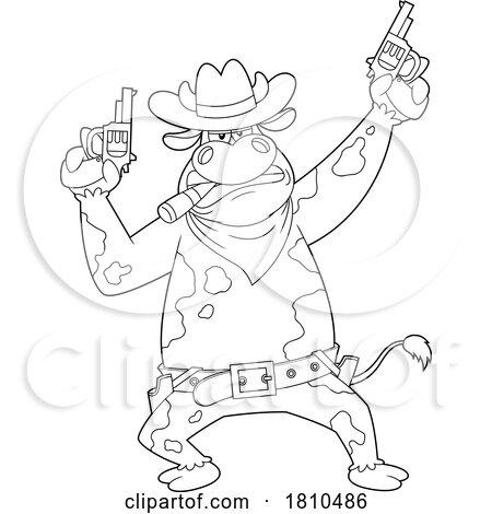 Western Cowboy Cow Mascot Black and White Clipart Cartoon by Hit Toon