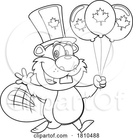 Canadian Beaver with Balloons Black and White Clipart Cartoon by Hit Toon