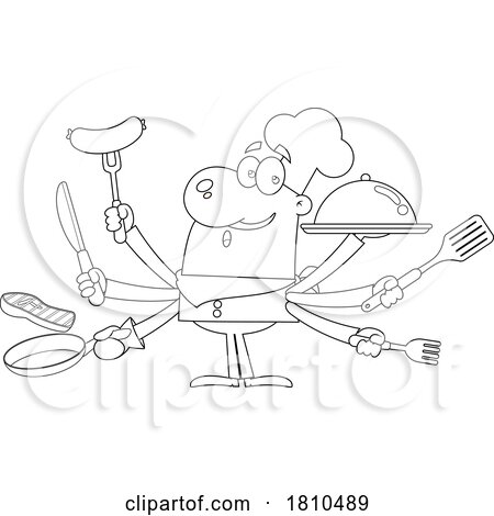 Chef Multi Tasking Black and White Clipart Cartoon by Hit Toon