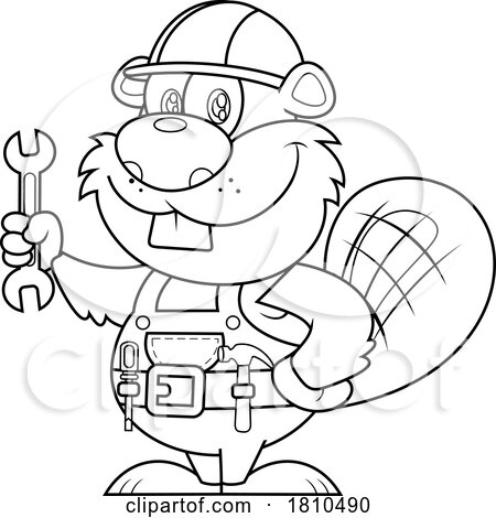 Worker Beaver Holding a Wrench Black and White Clipart Cartoon by Hit Toon