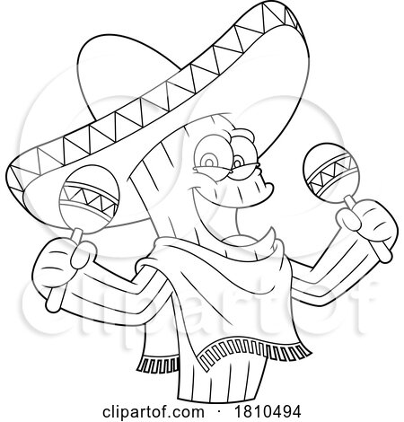 Mexican Cactus Mascot Playing Maracas Black and White Clipart Cartoon by Hit Toon